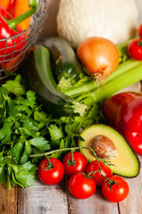 Ripe colorful seasonal vegetables on wooden rustic background. Concept of healthy food, clean eating, vegan diet, low calories delicious meal, farming. Eco-friendly, plastic free.