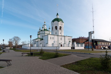 Fototapeta na wymiar Epiphany Cathedral (1732-1750) on the square in the historical center of Yeniseysk. Krasnoyarsk region. Russia