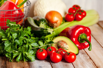 Ripe colorful seasonal vegetables on wooden rustic background. Concept of healthy food, clean eating, vegan diet, low calories delicious meal, farming. Eco-friendly, plastic free.