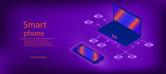 The layout of the universal device. Template for infographic presentation 3D realistic phones. Isometric phone. Programming, testing cross-platform code, application on a laptop, telephone interface.