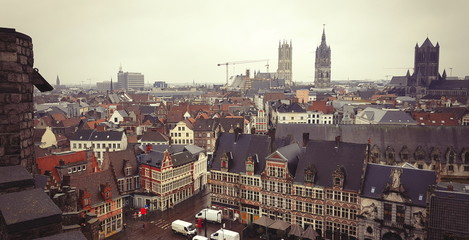 Fototapeta na wymiar View on Gent town in rainy weather. Belgium