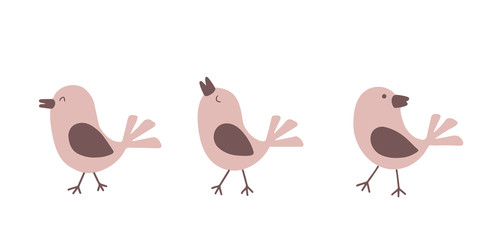 Cute cartoon birds in neutral colors. Vector illustration set.
