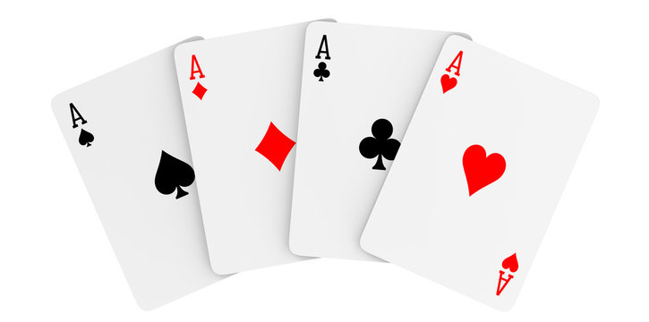 A fan of playing cards consisting of four Ace of Spades, Diamonds, Clubs, Hearts. 3d rendering Illustration of all the aces Isolated on white background