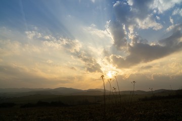 Obraz premium Sunrise or sunset over the hills and meadow. Slovakia