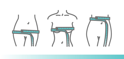 Body measurements using a centimeter tape. Womens chest, waist, hips. Vector icons