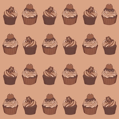 Regular vector pattern with chocolate cupcakes on beige background