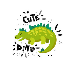 Cute dinosaur. Dino flat vector character. Sketch reptile. Isolated cartoon illustration for kids game, book, t-shirts, banner, card, logo. 
