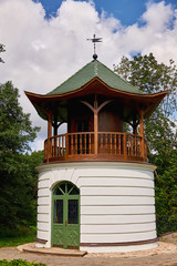 Belarus, Zalesie August 2019. Gazebo in the form of a pagoda in the estate of the famous composer Oginsky.