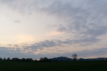 Sunrise or sunset over the hills and meadow. Slovakia