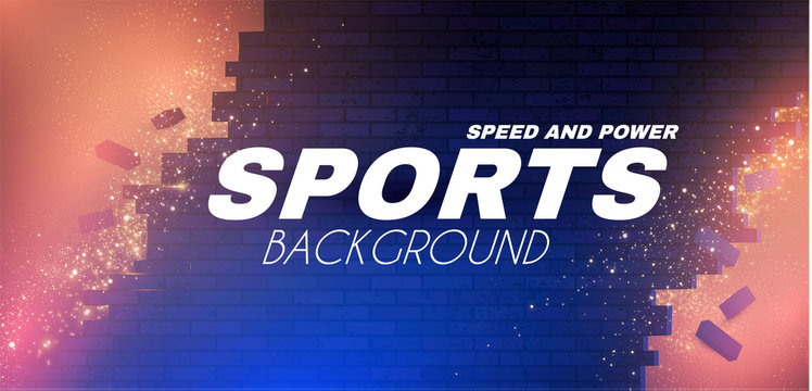 Abstract sport background with brocken brick wall and motion light effects.