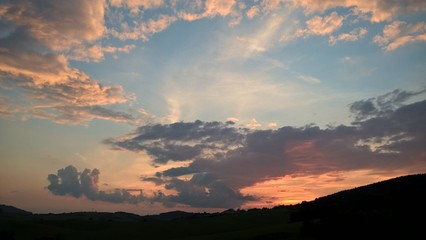 Sunrise or sunset over the hills and meadow. Slovakia