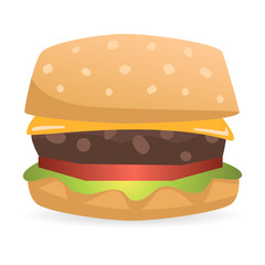Simple vector drawing of a cheeseburger with a sesame seed bun, a beef patty, a slice of cheese, lettuce and a tomato.