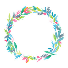 hand painted watercolor colorful leaves frame, natural circle wreath, isolated illustration