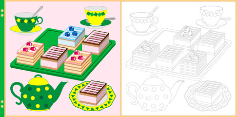 Cakes on a tray and tea set. Vector illustration for antistress coloring book for children and adults. Page with black and white contour variant and with color drawing 