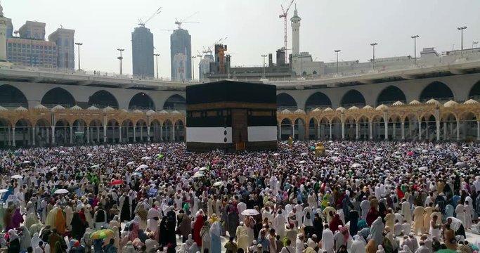 MECCA, SAUDI ARABIA,  August 2019 - Muslim pilgrims from all over the world gathered to perform Umrah or Hajj at the Haram Mosque in Mecca, Saudi Arabia, days of Hajj or Omrah