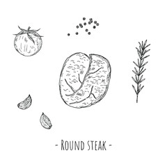 Round steak. Vector cartoon illustration. Isolated object on a white background. Hand-drawn style.