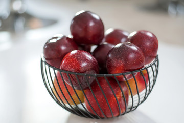 fresh round purple plums, in a black fruit bowl, on a grey background.