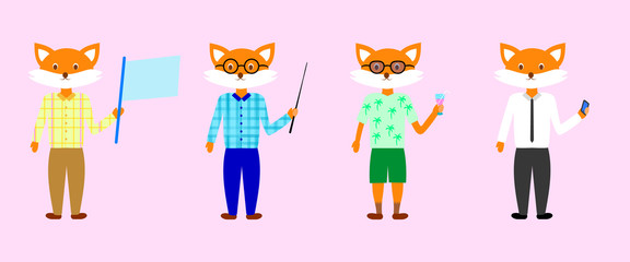 Fototapeta premium set with cute foxes dressed in different clothes. Vector cartoon illustration for your design