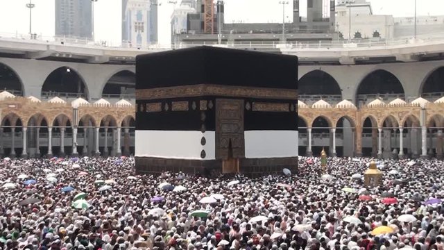 MECCA, SAUDI ARABIA,  August 2019 - Muslim pilgrims from all over the world gathered to perform Umrah or Hajj at the Haram Mosque in Mecca, Saudi Arabia, days of Hajj or Omrah