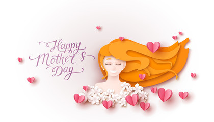 Mum postcard with paper flying elements and woman on white background. Vector symbols of love in shape of heart for Happy Mother's Day greeting card design..