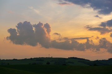 Sunrise or sunset over the hills and meadow. Slovakia