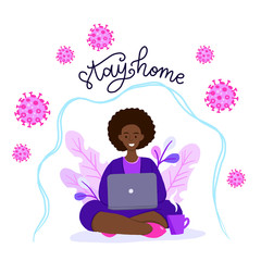 african american woman in lotus pose working on his laptop. Office worker works on quarantine at home to avoid disease. Freelancer or remote worker concept.