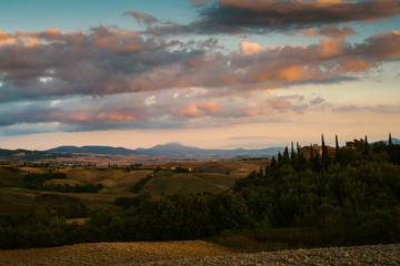 Landscape in Tuscany at sunset in summer - Tuscany, Italy, Europe