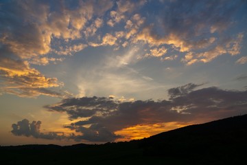Sunrise or sunset over the hills and meadow. Slovakia