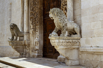Portal de ingreso de vieja catedral con leones de piedra