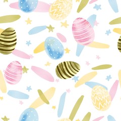 Hand drawn colorful watercolor seamless pattern. Easter theme objects. Happy easter.
