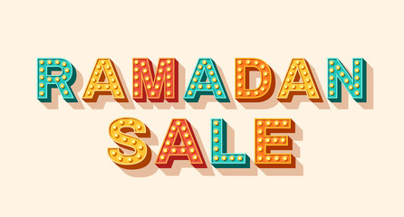 Ramadan Kareem Sale banner, 3d retro typography isolated on white background. Vector illustration with light bulbs font.