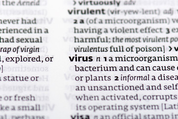 Fototapeta premium Page of Book with definition of word virus in dictionary