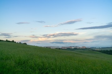 Sunrise or sunset over the hills and meadow. Slovakia