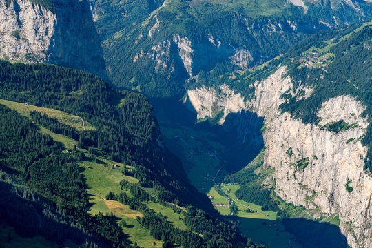 Switzerland, Panoramic view on Murren and green Alps around Mannlichen