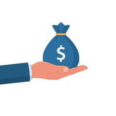 money bag icon with a dollar sign in hand. flat money bag in cartoon style.
