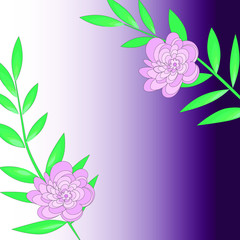Frame for congratulations and lettering messages. Vector illustration of green twigs and pink flowers. Place for text. lilac gradient.