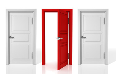  Door set with white and one opened red door. 3D Illustration.