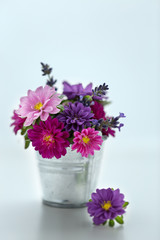 Bouquet of asters in a small bucket