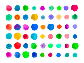 A large set of multicolored watercolor textures. Colored abstract round vows, spots, drop, dot on white isolated background. Design for social networks,wedding invitations,packaging.