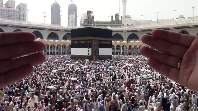 MECCA, SAUDI ARABIA,  August 2019 - Muslim pilgrims from all over the world gathered to perform Umrah or Hajj at the Haram Mosque in Mecca, Saudi Arabia, days of Hajj or Omrah