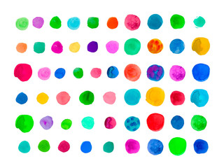 A large set of multicolored watercolor textures. Colored abstract round vows, spots, drop, dot on white isolated background. Design for social networks,wedding invitations,packaging.