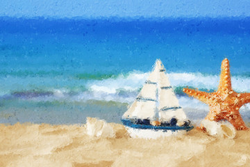 Fototapeta na wymiar abstract background of sailboat on sea sand and ocean horizon. oil painting style photo
