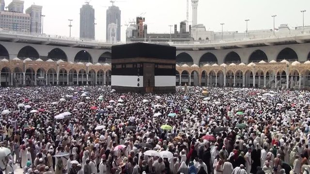 MECCA, SAUDI ARABIA,  August 2019 - Muslim pilgrims from all over the world gathered to perform Umrah or Hajj at the Haram Mosque in Mecca, Saudi Arabia, days of Hajj or Omrah