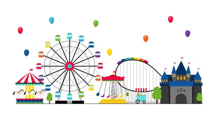 Amusement park. Recreation and entertainment, tents, castle. Balloons in sky, swing vector banner