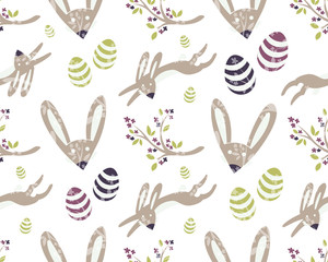 Seamless Background for Easter. Pattern with Easter Bunny, blooming twig and eastereggs.