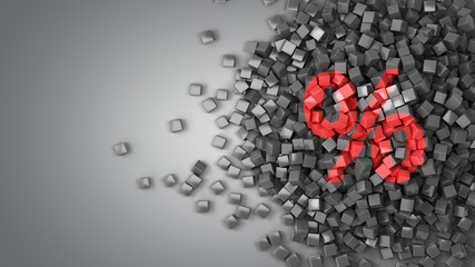 concept of discounts and sales percent sign on scattered black cubes with empty place for text 3d rendr on grey gradient