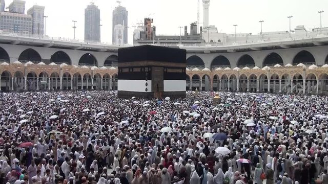 MECCA, SAUDI ARABIA,  August 2019 - Muslim pilgrims from all over the world gathered to perform Umrah or Hajj at the Haram Mosque in Mecca, Saudi Arabia, days of Hajj or Omrah