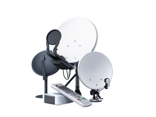 satellite tv or internet concept different size satellite dishes 3d render on white no shadow