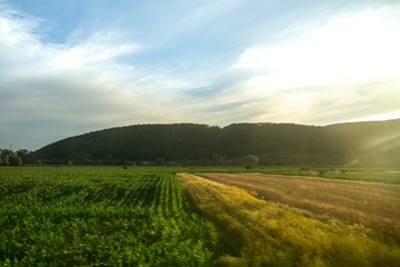 Sunrise or sunset over the hills and meadow. Slovakia