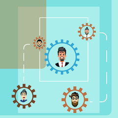 Businessmen work remotely. Workflow diagram. Building a business mechanism from gears and portraits of men. Flat vector character of online work.